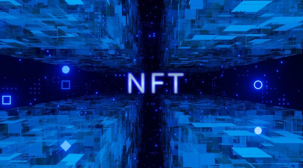 Artwork showing a blue tech background with the word NFT in the middle