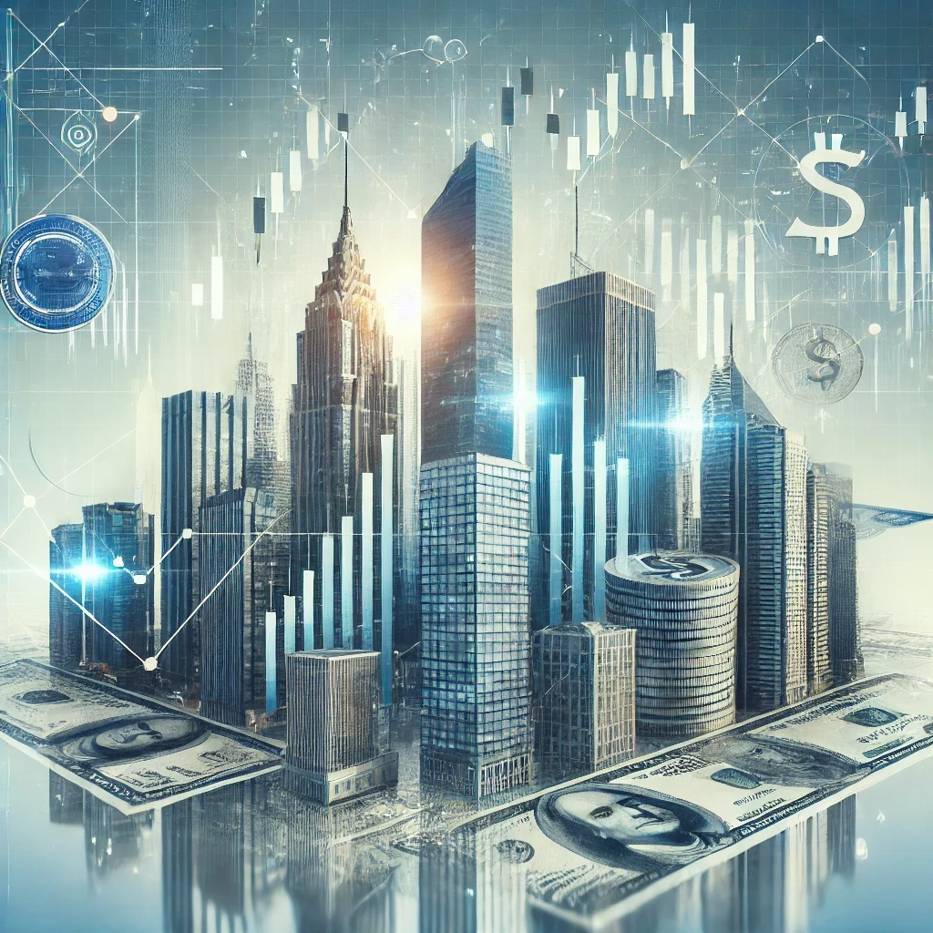 A representation of modern finance without any blockchain or cryptocurrency references, focusing on skyscrapers, graphs, stock market tickers, and mon