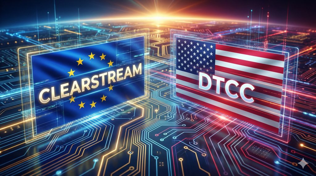 Concept art depicting DTCC, Clearstream and the EU and USA