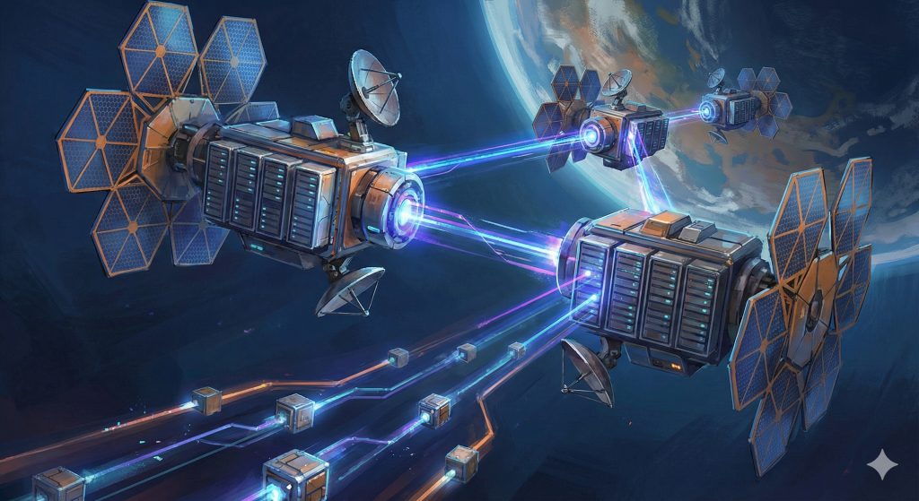 Concept art of satellites communicating with each other