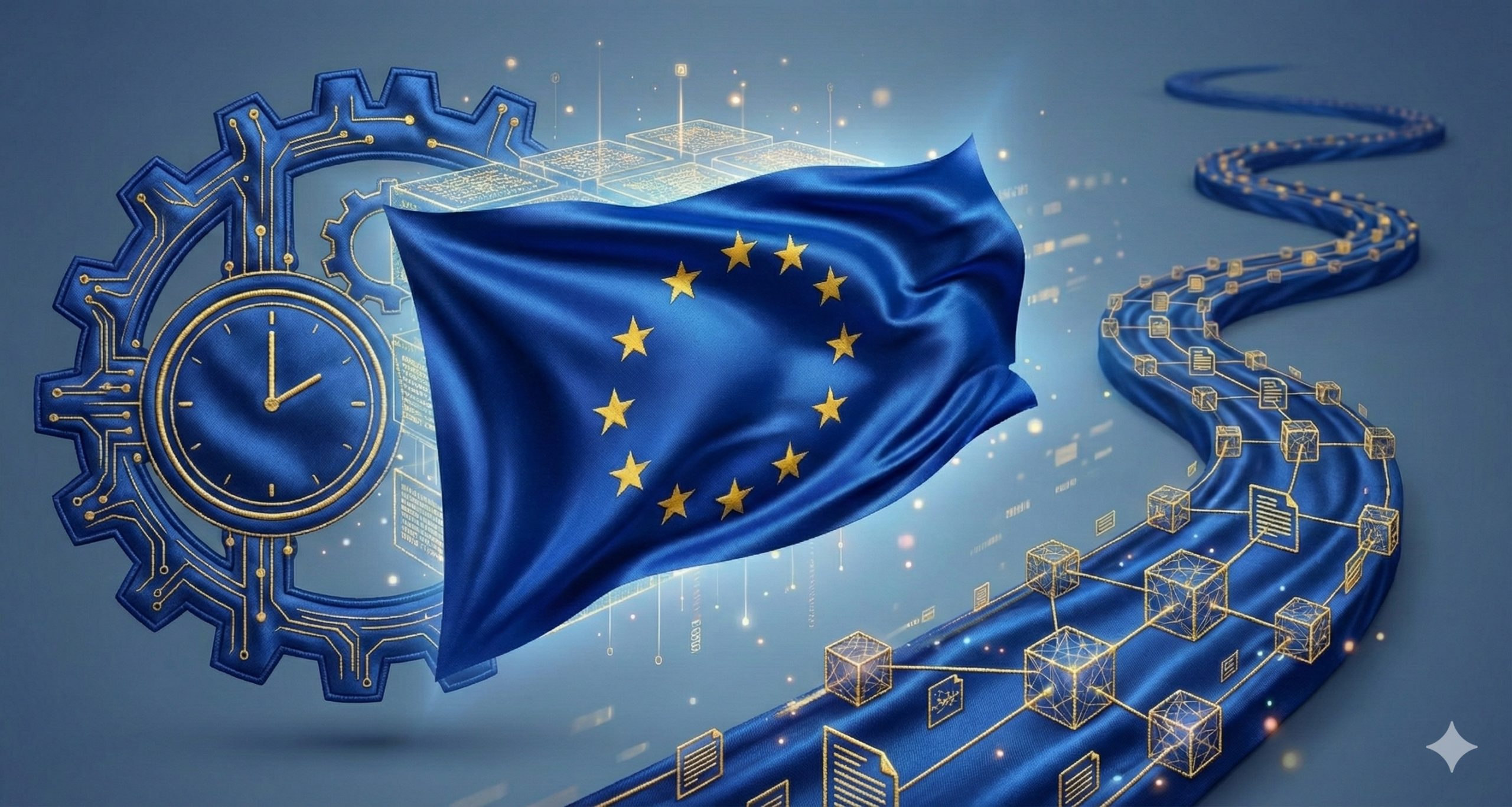 Concept art representing the EU, blockchain and a clock ticking
